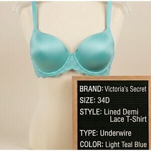 Victoria's Secret T-Shirt Bra Baby Blue Underwire 34D Lined Demi Lace Sexy VS